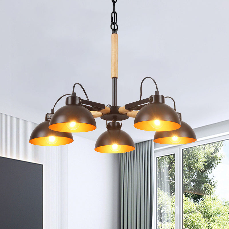 Iron Black and Gold Inner Chandelier Rotatable Bowl Shade 3/5/6 Heads Factory Ceiling Suspension Lamp with Wood Arm Clearhalo 'Cast Iron' 'Ceiling Lights' 'Chandeliers' 'Industrial Chandeliers' 'Industrial' 'Metal' 'Middle Century Chandeliers' 'Rustic Chandeliers' 'Tiffany' Lighting' 791569
