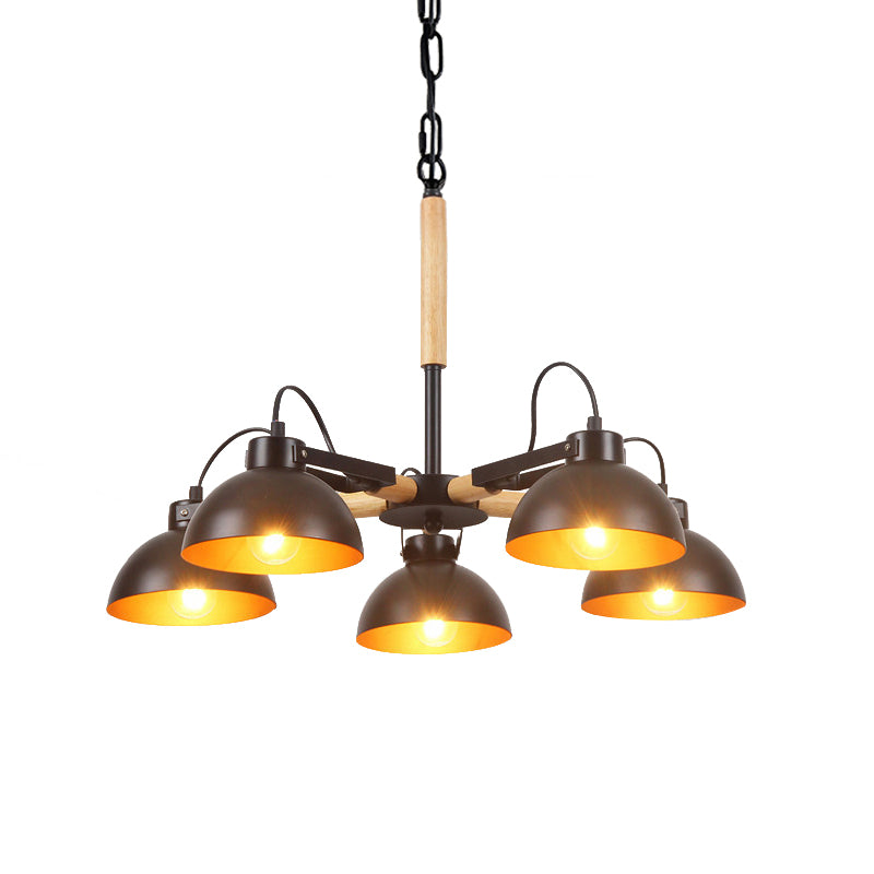 Iron Black and Gold Inner Chandelier Rotatable Bowl Shade 3/5/6 Heads Factory Ceiling Suspension Lamp with Wood Arm Clearhalo 'Cast Iron' 'Ceiling Lights' 'Chandeliers' 'Industrial Chandeliers' 'Industrial' 'Metal' 'Middle Century Chandeliers' 'Rustic Chandeliers' 'Tiffany' Lighting' 791570