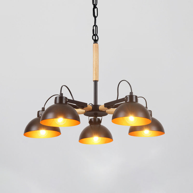 Iron Black and Gold Inner Chandelier Rotatable Bowl Shade 3/5/6 Heads Factory Ceiling Suspension Lamp with Wood Arm Clearhalo 'Cast Iron' 'Ceiling Lights' 'Chandeliers' 'Industrial Chandeliers' 'Industrial' 'Metal' 'Middle Century Chandeliers' 'Rustic Chandeliers' 'Tiffany' Lighting' 791571