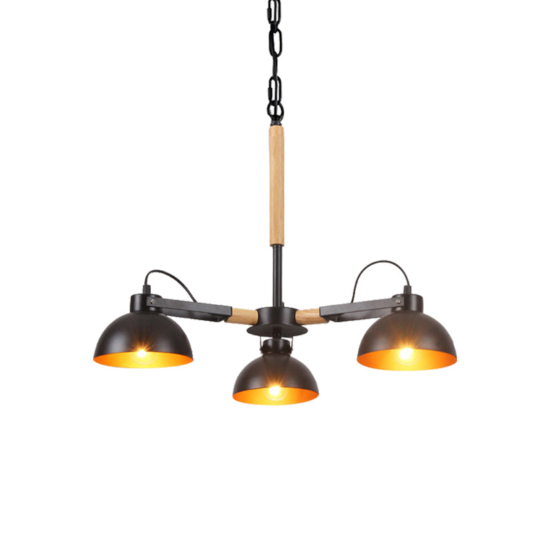 Iron Black and Gold Inner Chandelier Rotatable Bowl Shade 3/5/6 Heads Factory Ceiling Suspension Lamp with Wood Arm Clearhalo 'Cast Iron' 'Ceiling Lights' 'Chandeliers' 'Industrial Chandeliers' 'Industrial' 'Metal' 'Middle Century Chandeliers' 'Rustic Chandeliers' 'Tiffany' Lighting' 791576