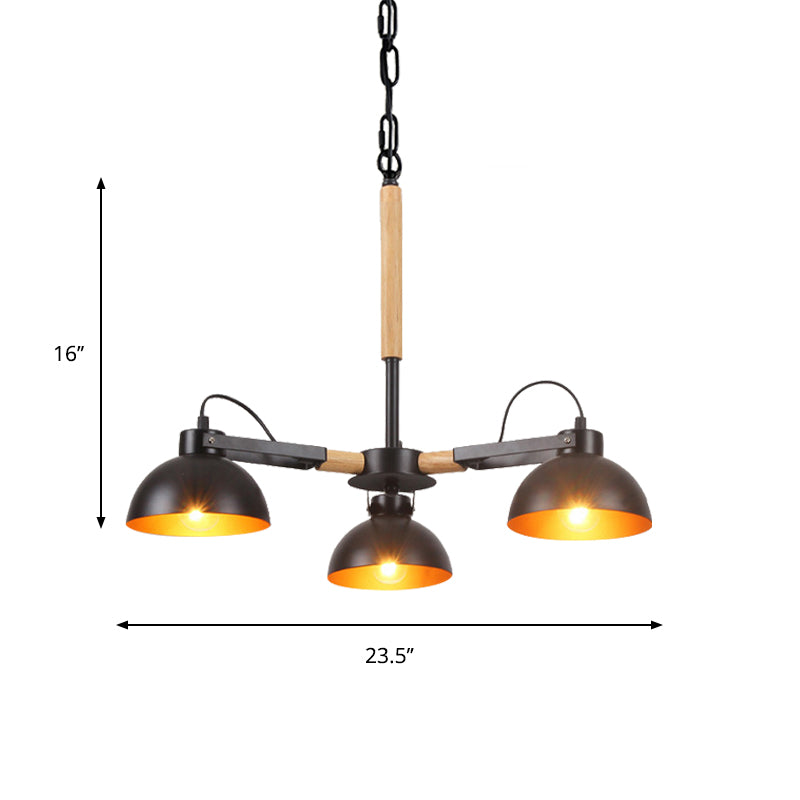 Iron Black and Gold Inner Chandelier Rotatable Bowl Shade 3/5/6 Heads Factory Ceiling Suspension Lamp with Wood Arm Clearhalo 'Cast Iron' 'Ceiling Lights' 'Chandeliers' 'Industrial Chandeliers' 'Industrial' 'Metal' 'Middle Century Chandeliers' 'Rustic Chandeliers' 'Tiffany' Lighting' 791577