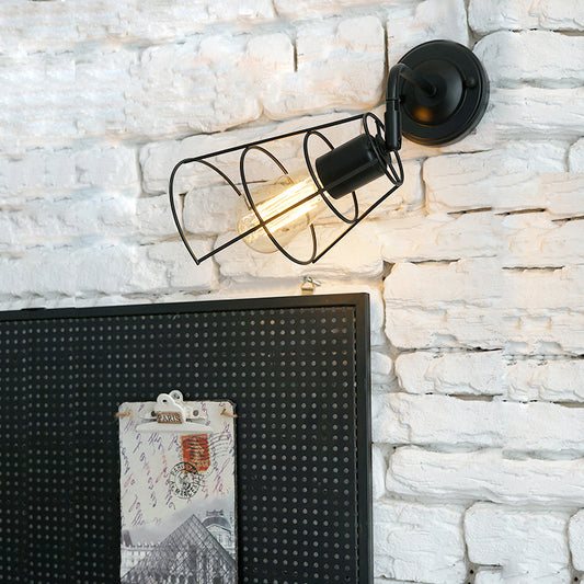 Black Cone Cage Rotating Wall Lamp Industrial Metal 1 Head Bedroom Sconce Wall Lighting Clearhalo 'Art deco wall lights' 'Cast Iron' 'Glass' 'Industrial wall lights' 'Industrial' 'Middle century wall lights' 'Modern' 'Rustic wall lights' 'Tiffany' 'Traditional wall lights' 'Wall Lamps & Sconces' 'Wall Lights' Lighting' 791579