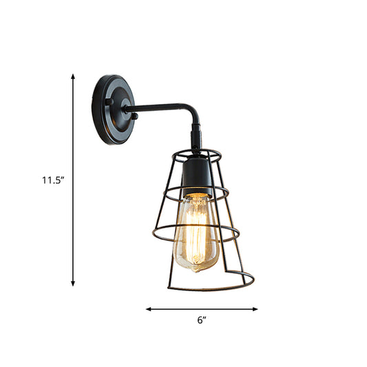 Black Cone Cage Rotating Wall Lamp Industrial Metal 1 Head Bedroom Sconce Wall Lighting Clearhalo 'Art deco wall lights' 'Cast Iron' 'Glass' 'Industrial wall lights' 'Industrial' 'Middle century wall lights' 'Modern' 'Rustic wall lights' 'Tiffany' 'Traditional wall lights' 'Wall Lamps & Sconces' 'Wall Lights' Lighting' 791581