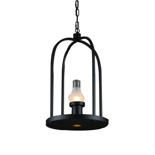 Bulb-Shape Frosted Glass Hanging Pendant Factory Style 1 Bulb Country Club Suspension Lamp with Birdcage Frame in Black Clearhalo 'Art Deco Pendants' 'Black' 'Cast Iron' 'Ceiling Lights' 'Ceramic' 'Crystal' 'Industrial Pendants' 'Industrial' 'Metal' 'Middle Century Pendants' 'Pendant Lights' 'Pendants' 'Rustic Pendants' 'Tiffany' Lighting' 791588