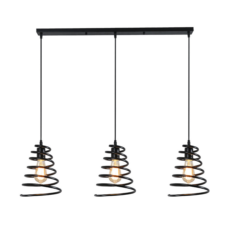 3 Heads Multi Light Pendant Loft Conical Spring Iron Hanging Ceiling Light in Black with Round/Linear Canopy Clearhalo 'Art Deco Pendants' 'Black' 'Cast Iron' 'Ceiling Lights' 'Ceramic' 'Crystal' 'Industrial Pendants' 'Industrial' 'Metal' 'Middle Century Pendants' 'Pendant Lights' 'Pendants' 'Rustic Pendants' 'Tiffany' Lighting' 791601