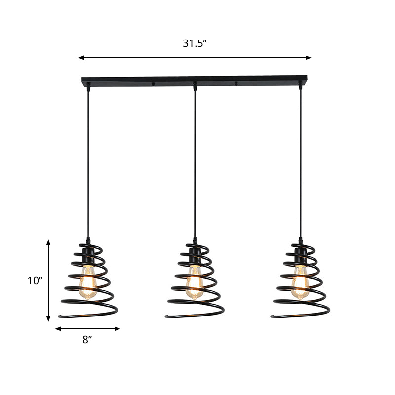3 Heads Multi Light Pendant Loft Conical Spring Iron Hanging Ceiling Light in Black with Round/Linear Canopy Clearhalo 'Art Deco Pendants' 'Black' 'Cast Iron' 'Ceiling Lights' 'Ceramic' 'Crystal' 'Industrial Pendants' 'Industrial' 'Metal' 'Middle Century Pendants' 'Pendant Lights' 'Pendants' 'Rustic Pendants' 'Tiffany' Lighting' 791602