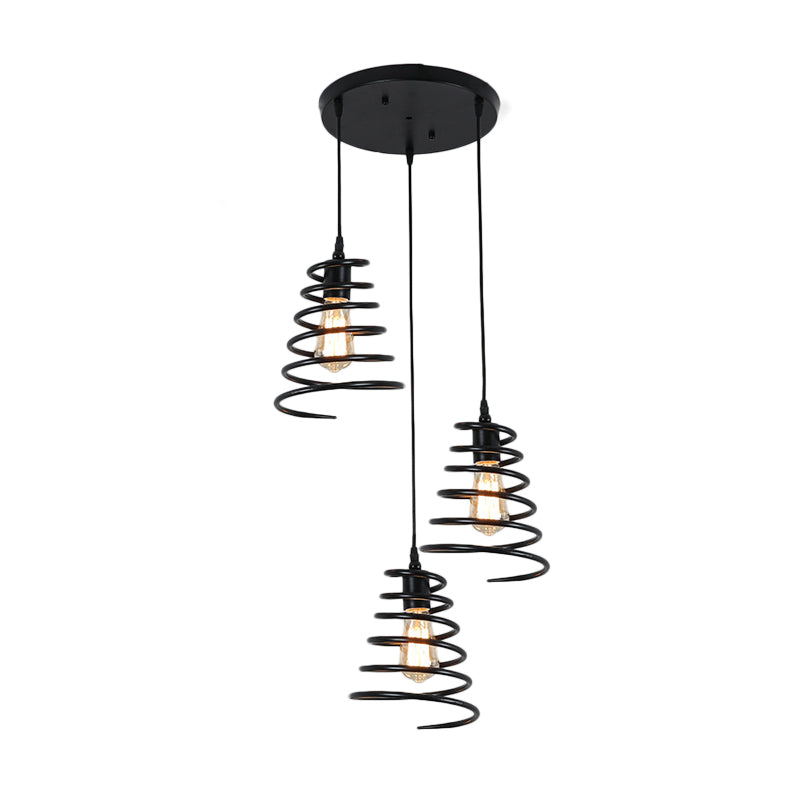 3 Heads Multi Light Pendant Loft Conical Spring Iron Hanging Ceiling Light in Black with Round/Linear Canopy Clearhalo 'Art Deco Pendants' 'Black' 'Cast Iron' 'Ceiling Lights' 'Ceramic' 'Crystal' 'Industrial Pendants' 'Industrial' 'Metal' 'Middle Century Pendants' 'Pendant Lights' 'Pendants' 'Rustic Pendants' 'Tiffany' Lighting' 791605