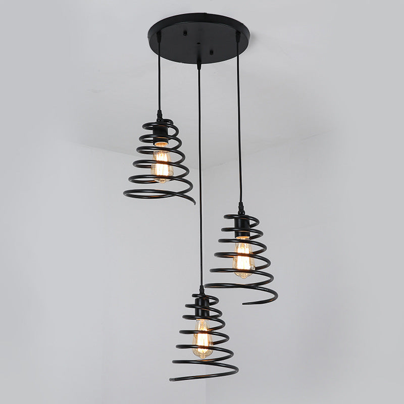 3 Heads Multi Light Pendant Loft Conical Spring Iron Hanging Ceiling Light in Black with Round/Linear Canopy Clearhalo 'Art Deco Pendants' 'Black' 'Cast Iron' 'Ceiling Lights' 'Ceramic' 'Crystal' 'Industrial Pendants' 'Industrial' 'Metal' 'Middle Century Pendants' 'Pendant Lights' 'Pendants' 'Rustic Pendants' 'Tiffany' Lighting' 791606