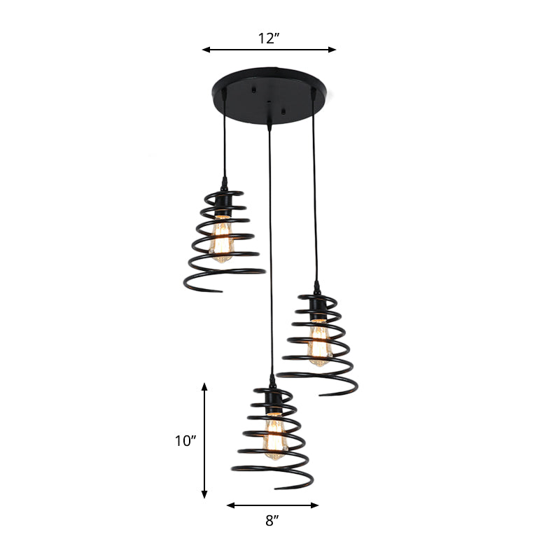 3 Heads Multi Light Pendant Loft Conical Spring Iron Hanging Ceiling Light in Black with Round/Linear Canopy Clearhalo 'Art Deco Pendants' 'Black' 'Cast Iron' 'Ceiling Lights' 'Ceramic' 'Crystal' 'Industrial Pendants' 'Industrial' 'Metal' 'Middle Century Pendants' 'Pendant Lights' 'Pendants' 'Rustic Pendants' 'Tiffany' Lighting' 791607