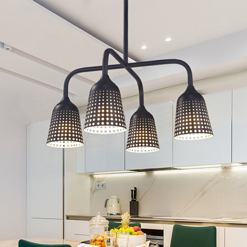 Black Bell Pierced Hanging Island Light Factory Iron 4 Heads Kitchen Dinette Pendant Light Fixture Clearhalo 'Ceiling Lights' 'Island Lights' Lighting' 791642