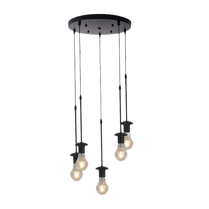 Iron Exposed Bulb Drapes Ceiling Light Loft 5/10 Heads Bistro Multi Light Pendant Lighting in Black, Round/Linear Canopy Clearhalo 'Art Deco Pendants' 'Black' 'Cast Iron' 'Ceiling Lights' 'Ceramic' 'Crystal' 'Industrial Pendants' 'Industrial' 'Metal' 'Middle Century Pendants' 'Pendant Lights' 'Pendants' 'Rustic Pendants' 'Tiffany' Lighting' 791689