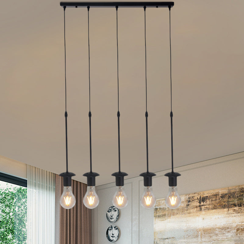 Iron Exposed Bulb Drapes Ceiling Light Loft 5/10 Heads Bistro Multi Light Pendant Lighting in Black, Round/Linear Canopy 5 Black Linear Clearhalo 'Art Deco Pendants' 'Black' 'Cast Iron' 'Ceiling Lights' 'Ceramic' 'Crystal' 'Industrial Pendants' 'Industrial' 'Metal' 'Middle Century Pendants' 'Pendant Lights' 'Pendants' 'Rustic Pendants' 'Tiffany' Lighting' 791691
