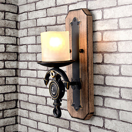 Black Cylinder Wall Hanging Light Industrial Frosted Glass 1/2-Light Dining Room Sconce with Anchor Design - 1.0 - Black - Clearhalo - 'Industrial wall lights' - 'Industrial' - 'Middle century wall lights' - 'Rustic wall lights' - 'Tiffany' - 'Wall Lamps & Sconces' - 'Wall Lights' - Lighting' - 791730