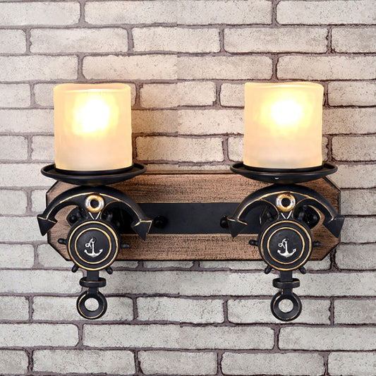 Black Cylinder Wall Hanging Light Industrial Frosted Glass 1/2-Light Dining Room Sconce with Anchor Design - 2.0 - Black - Clearhalo - 'Industrial wall lights' - 'Industrial' - 'Middle century wall lights' - 'Rustic wall lights' - 'Tiffany' - 'Wall Lamps & Sconces' - 'Wall Lights' - Lighting' - 791734