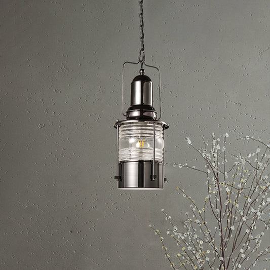 Chrome 1-Bulb Pendant Lamp Industrial Clear Ribbed Glass Cylinder Hanging Ceiling Light Clearhalo 'Art Deco Pendants' 'Cast Iron' 'Ceiling Lights' 'Ceramic' 'Crystal' 'Industrial Pendants' 'Industrial' 'Metal' 'Middle Century Pendants' 'Pendant Lights' 'Pendants' 'Tiffany' Lighting' 791748