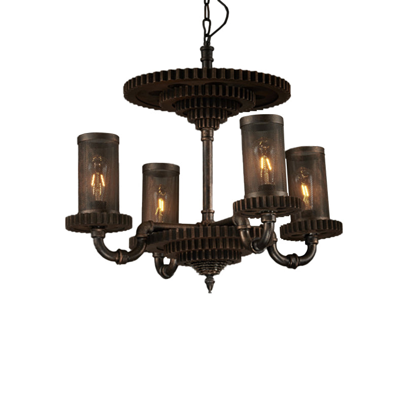 Warehouse Cylinder Hanging Chandelier 4 Lights Metal Pendant Light Kit in Black with Gear Deco Clearhalo 'Cast Iron' 'Ceiling Lights' 'Chandeliers' 'Industrial Chandeliers' 'Industrial' 'Metal' 'Middle Century Chandeliers' 'Rustic Chandeliers' 'Tiffany' Lighting' 791780