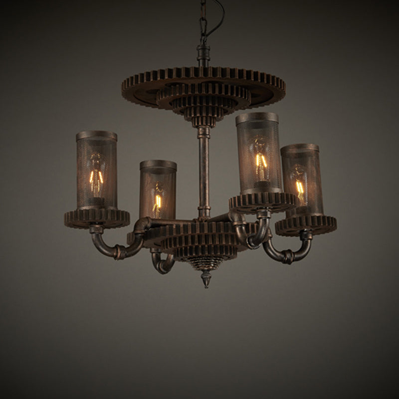 Warehouse Cylinder Hanging Chandelier 4 Lights Metal Pendant Light Kit in Black with Gear Deco Clearhalo 'Cast Iron' 'Ceiling Lights' 'Chandeliers' 'Industrial Chandeliers' 'Industrial' 'Metal' 'Middle Century Chandeliers' 'Rustic Chandeliers' 'Tiffany' Lighting' 791781