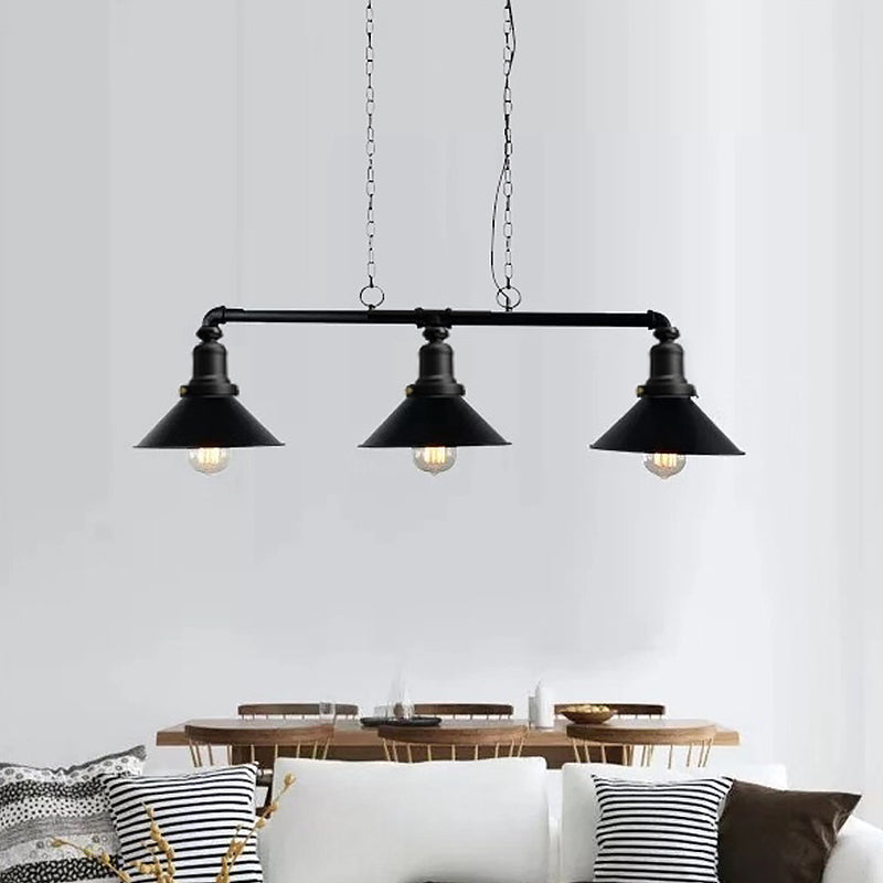 3 Lights Conical Island Light Fixture Vintage Black Finish Metal Pendant Lighting for Dining Room Black Clearhalo 'Ceiling Lights' 'Island Lights' Lighting' 791787