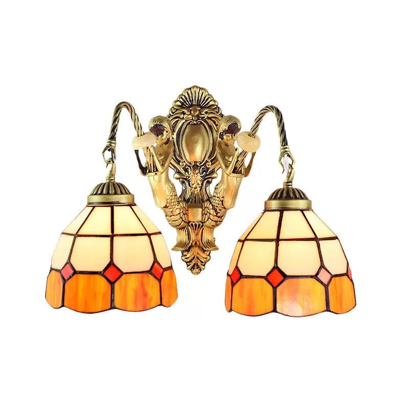 2 Heads Wall Mounted Light Tiffany Dome/Cone Multicolor Stained Glass Sconce Light in Brass with Gem/Rhombus/Circle Pattern Brass Square Clearhalo 'Industrial' 'Middle century wall lights' 'Tiffany wall lights' 'Tiffany' 'Wall Lamps & Sconces' 'Wall Lights' Lighting' 7922