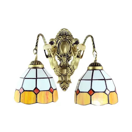 2 Heads Wall Mounted Light Tiffany Dome/Cone Multicolor Stained Glass Sconce Light in Brass with Gem/Rhombus/Circle Pattern Clearhalo 'Industrial' 'Middle century wall lights' 'Tiffany wall lights' 'Tiffany' 'Wall Lamps & Sconces' 'Wall Lights' Lighting' 7923