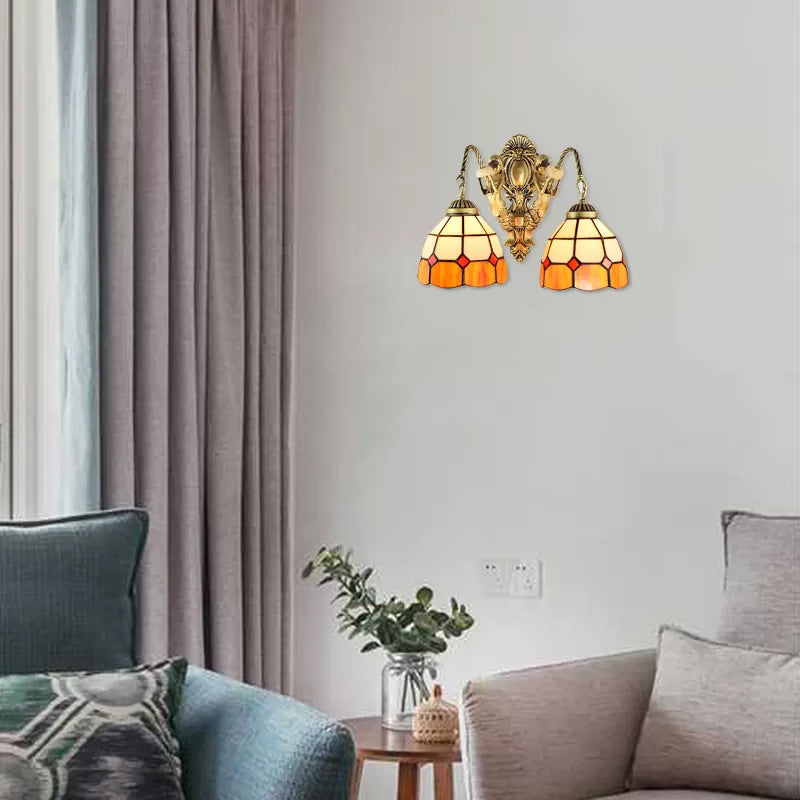2 Heads Wall Mounted Light Tiffany Dome/Cone Multicolor Stained Glass Sconce Light in Brass with Gem/Rhombus/Circle Pattern Clearhalo 'Industrial' 'Middle century wall lights' 'Tiffany wall lights' 'Tiffany' 'Wall Lamps & Sconces' 'Wall Lights' Lighting' 7924