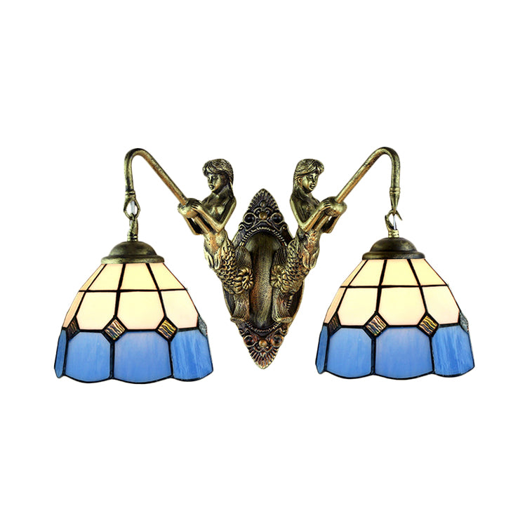 2 Heads Wall Mounted Light Tiffany Dome/Cone Multicolor Stained Glass Sconce Light in Brass with Gem/Rhombus/Circle Pattern Clearhalo 'Industrial' 'Middle century wall lights' 'Tiffany wall lights' 'Tiffany' 'Wall Lamps & Sconces' 'Wall Lights' Lighting' 7925