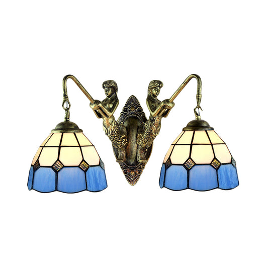 2 Heads Wall Mounted Light Tiffany Dome/Cone Multicolor Stained Glass Sconce Light in Brass with Gem/Rhombus/Circle Pattern Clearhalo 'Industrial' 'Middle century wall lights' 'Tiffany wall lights' 'Tiffany' 'Wall Lamps & Sconces' 'Wall Lights' Lighting' 7925
