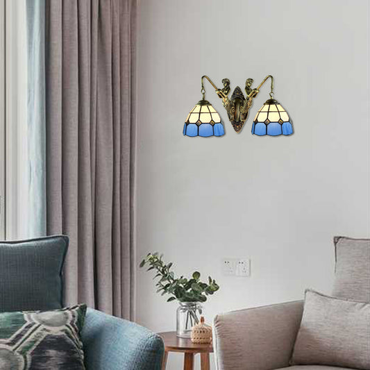 2 Heads Wall Mounted Light Tiffany Dome/Cone Multicolor Stained Glass Sconce Light in Brass with Gem/Rhombus/Circle Pattern Brass Rhombus Clearhalo 'Industrial' 'Middle century wall lights' 'Tiffany wall lights' 'Tiffany' 'Wall Lamps & Sconces' 'Wall Lights' Lighting' 7927