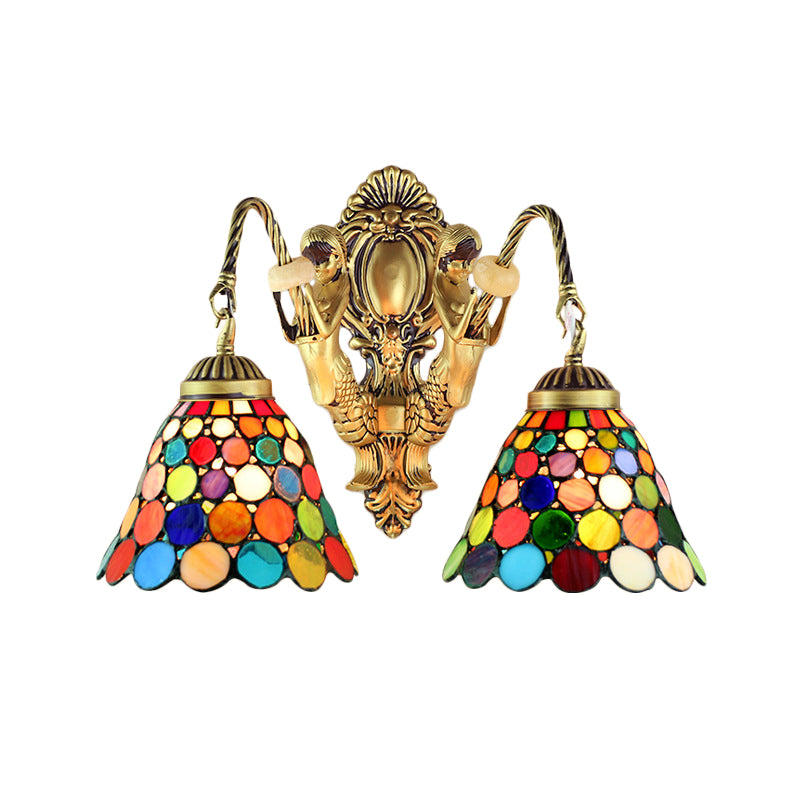 2 Heads Wall Mounted Light Tiffany Dome/Cone Multicolor Stained Glass Sconce Light in Brass with Gem/Rhombus/Circle Pattern Brass Circle Clearhalo 'Industrial' 'Middle century wall lights' 'Tiffany wall lights' 'Tiffany' 'Wall Lamps & Sconces' 'Wall Lights' Lighting' 7928