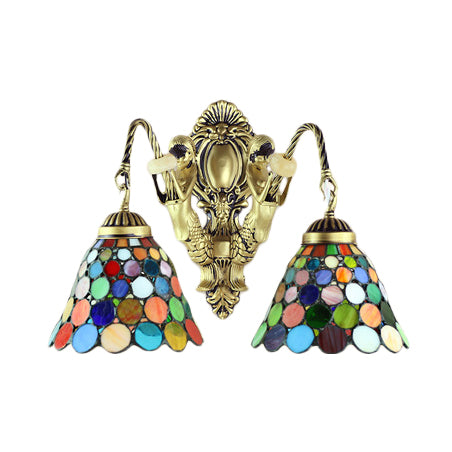 2 Heads Wall Mounted Light Tiffany Dome/Cone Multicolor Stained Glass Sconce Light in Brass with Gem/Rhombus/Circle Pattern Clearhalo 'Industrial' 'Middle century wall lights' 'Tiffany wall lights' 'Tiffany' 'Wall Lamps & Sconces' 'Wall Lights' Lighting' 7929