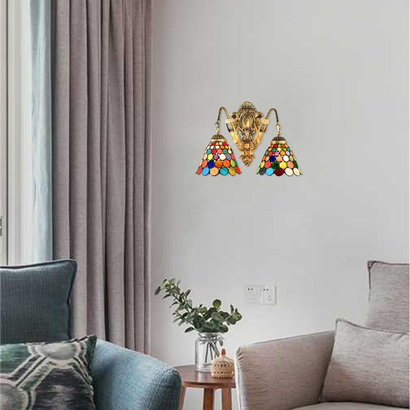 2 Heads Wall Mounted Light Tiffany Dome/Cone Multicolor Stained Glass Sconce Light in Brass with Gem/Rhombus/Circle Pattern Brass Gem Clearhalo 'Industrial' 'Middle century wall lights' 'Tiffany wall lights' 'Tiffany' 'Wall Lamps & Sconces' 'Wall Lights' Lighting' 7930