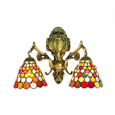 2 Heads Wall Mounted Light Tiffany Dome/Cone Multicolor Stained Glass Sconce Light in Brass with Gem/Rhombus/Circle Pattern Clearhalo 'Industrial' 'Middle century wall lights' 'Tiffany wall lights' 'Tiffany' 'Wall Lamps & Sconces' 'Wall Lights' Lighting' 7931