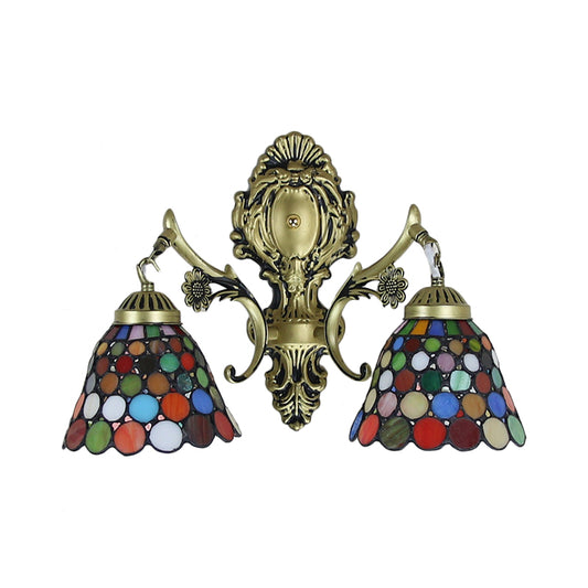 2 Heads Wall Mounted Light Tiffany Dome/Cone Multicolor Stained Glass Sconce Light in Brass with Gem/Rhombus/Circle Pattern Clearhalo 'Industrial' 'Middle century wall lights' 'Tiffany wall lights' 'Tiffany' 'Wall Lamps & Sconces' 'Wall Lights' Lighting' 7932
