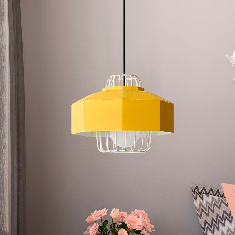 Laser Cut Ceiling Hanging Lantern Macaron Iron 1 Bulb Grey/Blue/Pink Pendant Light with Wire Cage Insert Yellow Clearhalo 'Ceiling Lights' 'Pendant Lights' 'Pendants' Lighting' 794733_ffeeee1b-1aec-43ff-a67f-501b5d4f2e57
