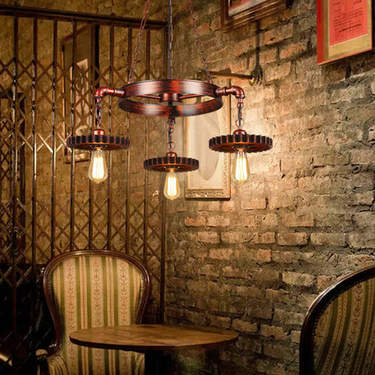 3/7 Heads Gear Pendant Lighting with Open Bulb Antique Style Dark Rust Metal Chandelier Light Fixture for Restaurant 3 Rust Clearhalo 'Cast Iron' 'Ceiling Lights' 'Chandeliers' 'Industrial Chandeliers' 'Industrial' 'Metal' 'Middle Century Chandeliers' 'Rustic Chandeliers' 'Tiffany' Lighting' 7947