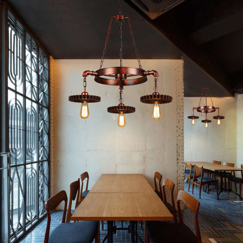 3/7 Heads Gear Pendant Lighting with Open Bulb Antique Style Dark Rust Metal Chandelier Light Fixture for Restaurant Clearhalo 'Cast Iron' 'Ceiling Lights' 'Chandeliers' 'Industrial Chandeliers' 'Industrial' 'Metal' 'Middle Century Chandeliers' 'Rustic Chandeliers' 'Tiffany' Lighting' 7948