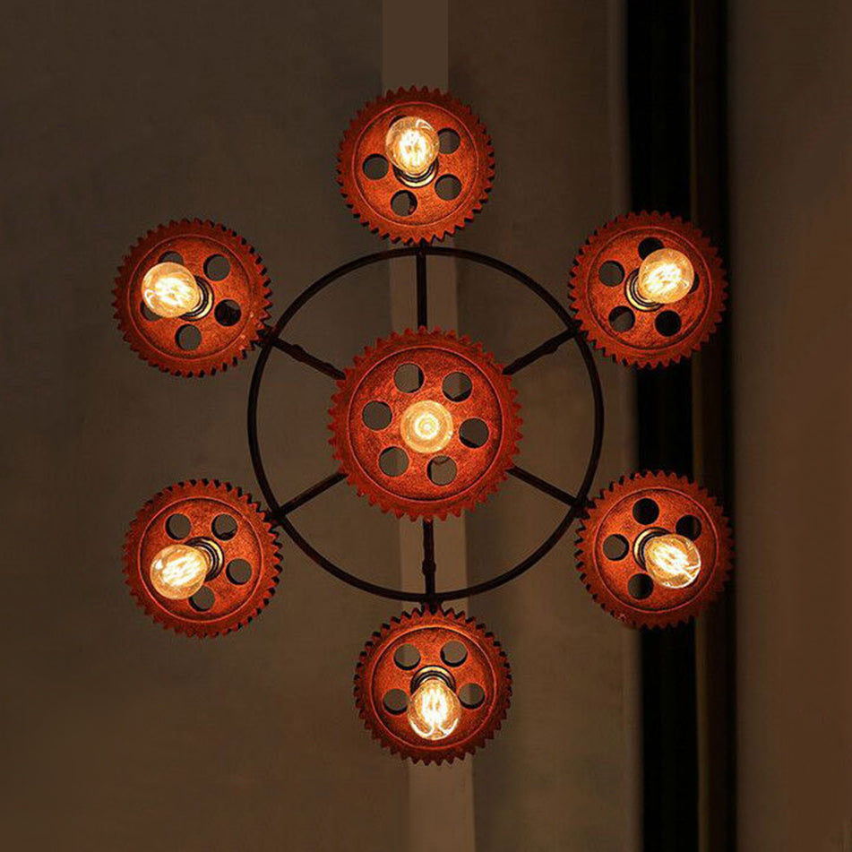 3/7 Heads Gear Pendant Lighting with Open Bulb Antique Style Dark Rust Metal Chandelier Light Fixture for Restaurant Clearhalo 'Cast Iron' 'Ceiling Lights' 'Chandeliers' 'Industrial Chandeliers' 'Industrial' 'Metal' 'Middle Century Chandeliers' 'Rustic Chandeliers' 'Tiffany' Lighting' 7950