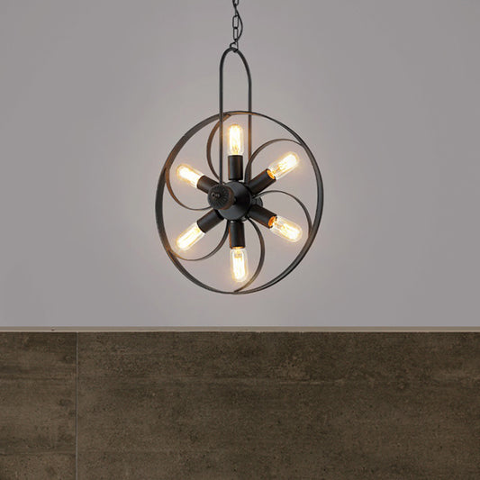 Black Wheel Chandelier Light Industrial Style Metal 6 Lights Dining Room Pendant Lighting with Adjustable Chain Black Clearhalo 'Cast Iron' 'Ceiling Lights' 'Chandeliers' 'Industrial Chandeliers' 'Industrial' 'Metal' 'Middle Century Chandeliers' 'Rustic Chandeliers' 'Tiffany' Lighting' 796942