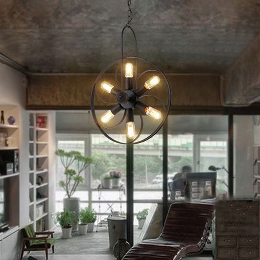 Black Wheel Chandelier Light Industrial Style Metal 6 Lights Dining Room Pendant Lighting with Adjustable Chain Clearhalo 'Cast Iron' 'Ceiling Lights' 'Chandeliers' 'Industrial Chandeliers' 'Industrial' 'Metal' 'Middle Century Chandeliers' 'Rustic Chandeliers' 'Tiffany' Lighting' 796943
