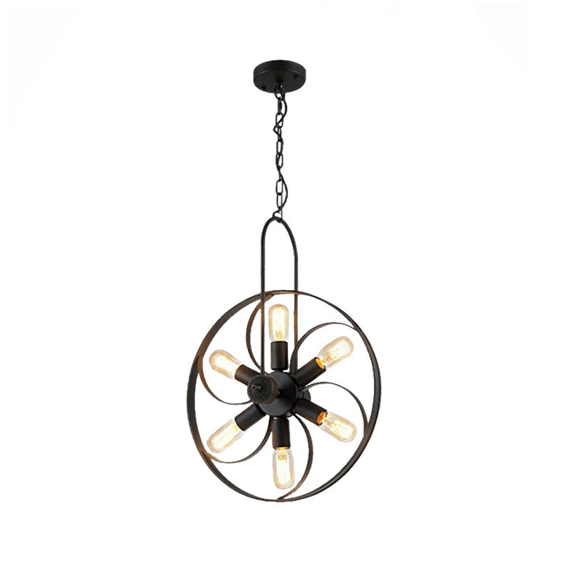 Black Wheel Chandelier Light Industrial Style Metal 6 Lights Dining Room Pendant Lighting with Adjustable Chain Clearhalo 'Cast Iron' 'Ceiling Lights' 'Chandeliers' 'Industrial Chandeliers' 'Industrial' 'Metal' 'Middle Century Chandeliers' 'Rustic Chandeliers' 'Tiffany' Lighting' 796944