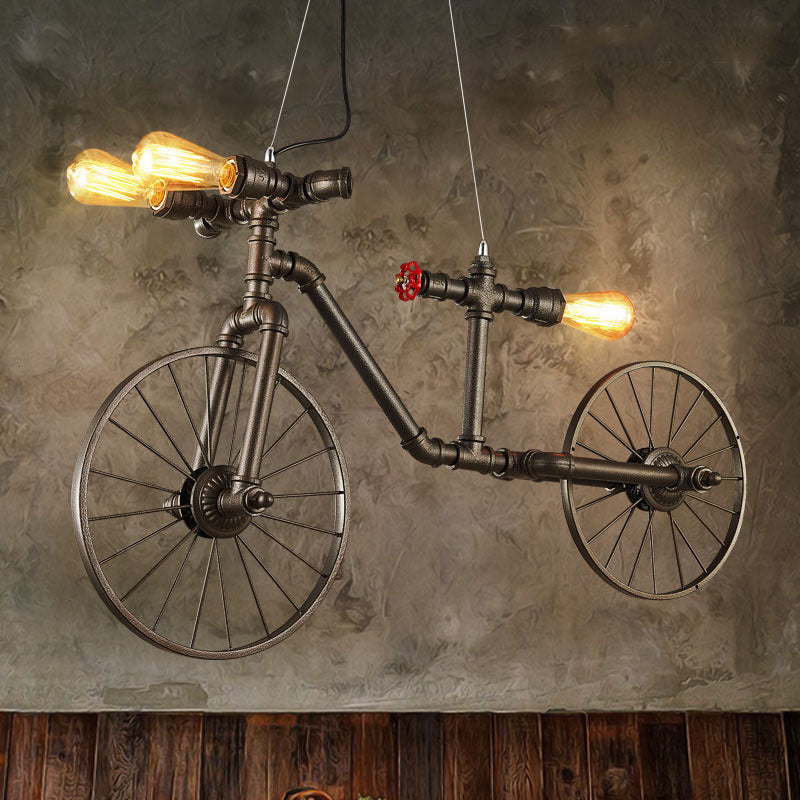 Bronze Bicycle Shaped Pendant Lighting Antique Style Metal 3 Lights Indoor Ceiling Light with Pipe Design Bronze Clearhalo 'Art Deco Pendants' 'Cast Iron' 'Ceiling Lights' 'Ceramic' 'Crystal' 'Industrial Pendants' 'Industrial' 'Metal' 'Middle Century Pendants' 'Pendant Lights' 'Pendants' 'Tiffany' Lighting' 796957