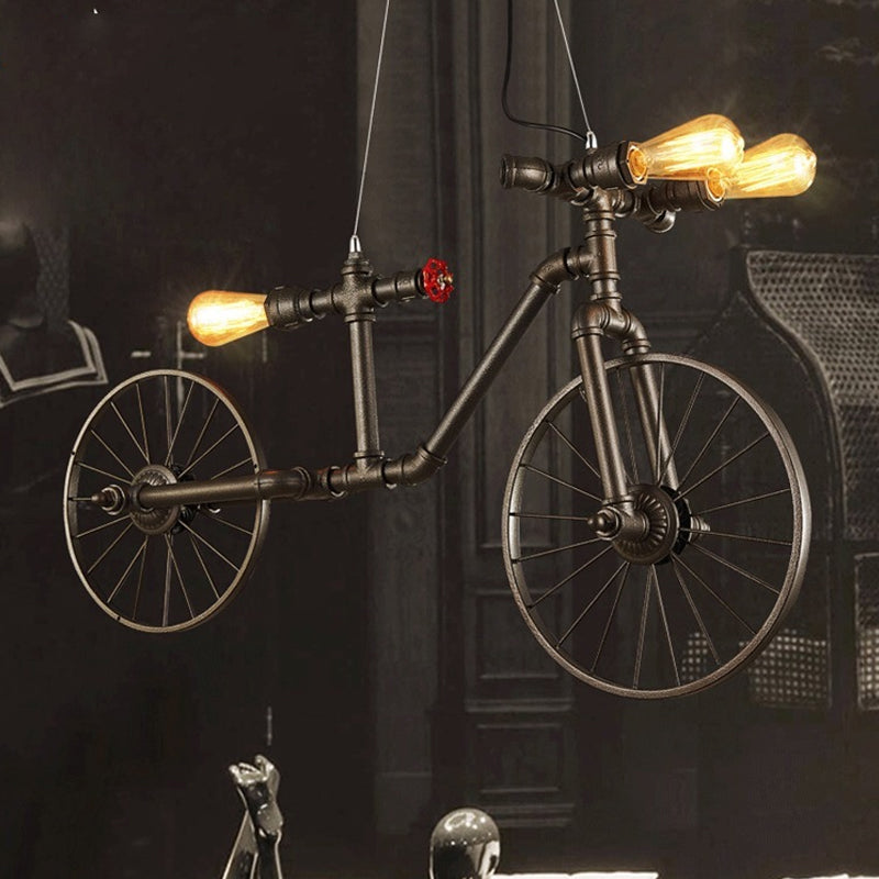 Bronze Bicycle Shaped Pendant Lighting Antique Style Metal 3 Lights Indoor Ceiling Light with Pipe Design Clearhalo 'Art Deco Pendants' 'Cast Iron' 'Ceiling Lights' 'Ceramic' 'Crystal' 'Industrial Pendants' 'Industrial' 'Metal' 'Middle Century Pendants' 'Pendant Lights' 'Pendants' 'Tiffany' Lighting' 796959