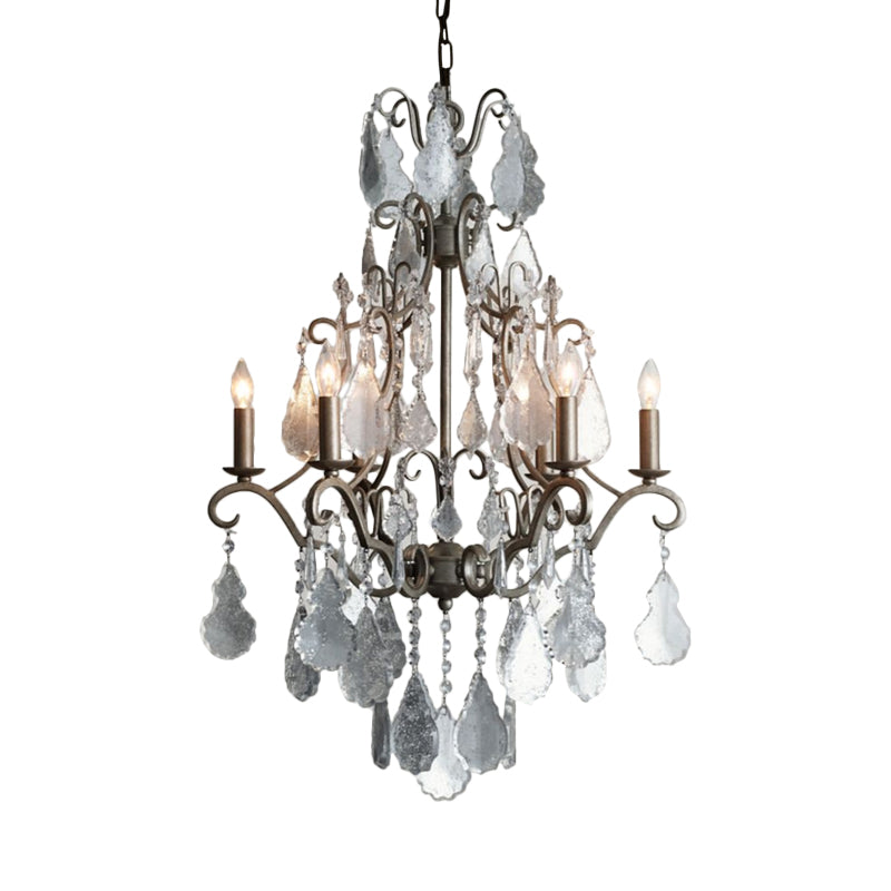 6 Lights Swirl Arm Candlestick Chandelier Rural Rust Metal Ceiling Pendant with Dangling K9 Crystal Accent Clearhalo 'Ceiling Lights' 'Chandeliers' 'Modern Chandeliers' 'Modern' Lighting' 798261