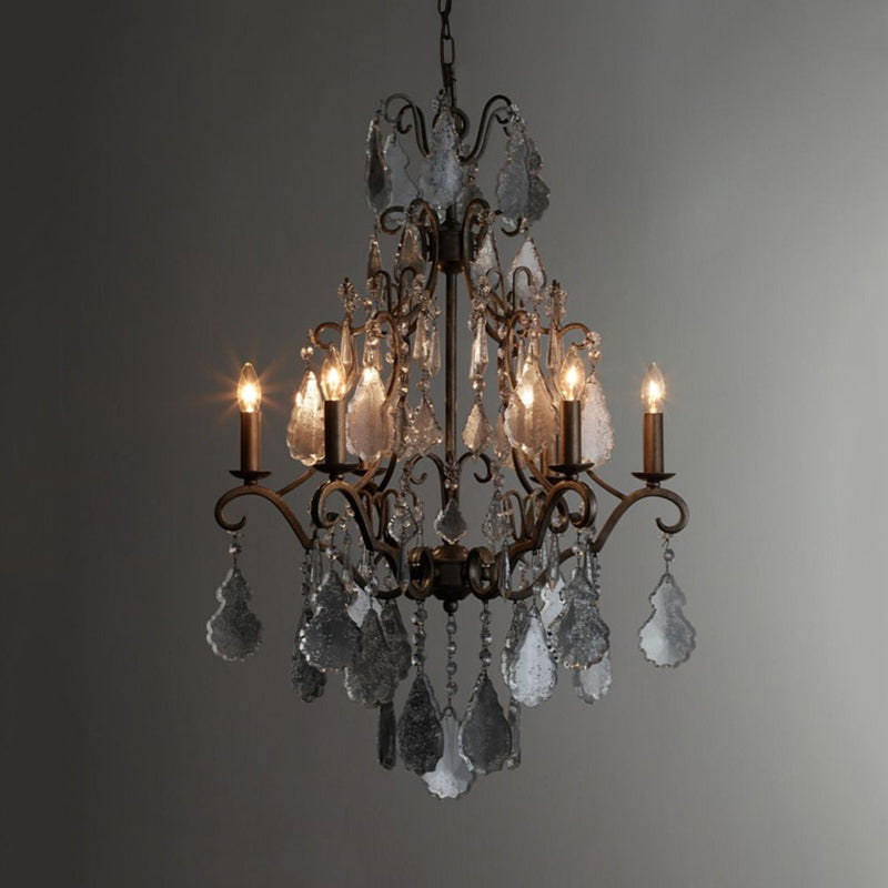 6 Lights Swirl Arm Candlestick Chandelier Rural Rust Metal Ceiling Pendant with Dangling K9 Crystal Accent Clearhalo 'Ceiling Lights' 'Chandeliers' 'Modern Chandeliers' 'Modern' Lighting' 798262