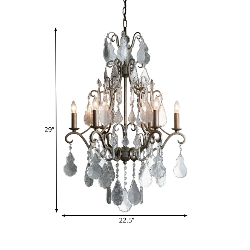 6 Lights Swirl Arm Candlestick Chandelier Rural Rust Metal Ceiling Pendant with Dangling K9 Crystal Accent Clearhalo 'Ceiling Lights' 'Chandeliers' 'Modern Chandeliers' 'Modern' Lighting' 798263