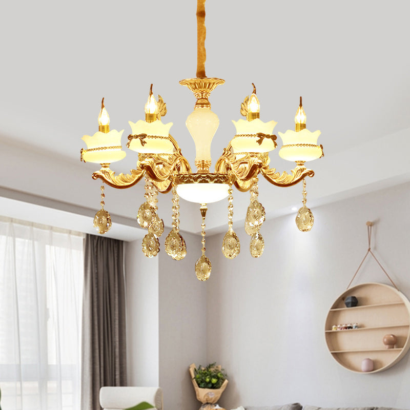 White Glass Scalloped Chandelier Modernist 6/8-Head Restaurant Hanging Pendant with Flower Crystal Drop in Gold Clearhalo 'Ceiling Lights' 'Chandeliers' 'Modern Chandeliers' 'Modern' Lighting' 798385
