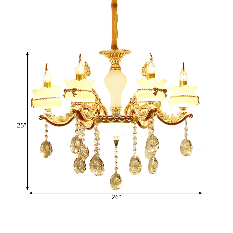 White Glass Scalloped Chandelier Modernist 6/8-Head Restaurant Hanging Pendant with Flower Crystal Drop in Gold Clearhalo 'Ceiling Lights' 'Chandeliers' 'Modern Chandeliers' 'Modern' Lighting' 798387