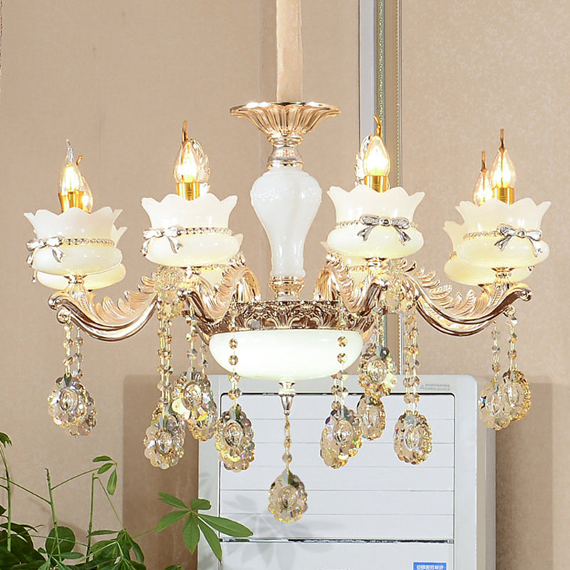 White Glass Scalloped Chandelier Modernist 6/8-Head Restaurant Hanging Pendant with Flower Crystal Drop in Gold 8 Gold Clearhalo 'Ceiling Lights' 'Chandeliers' 'Modern Chandeliers' 'Modern' Lighting' 798388