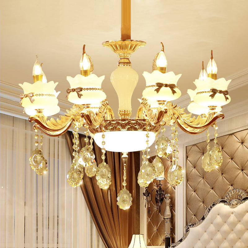 White Glass Scalloped Chandelier Modernist 6/8-Head Restaurant Hanging Pendant with Flower Crystal Drop in Gold Clearhalo 'Ceiling Lights' 'Chandeliers' 'Modern Chandeliers' 'Modern' Lighting' 798389