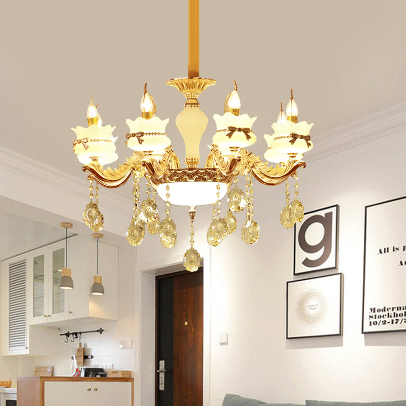 White Glass Scalloped Chandelier Modernist 6/8-Head Restaurant Hanging Pendant with Flower Crystal Drop in Gold Clearhalo 'Ceiling Lights' 'Chandeliers' 'Modern Chandeliers' 'Modern' Lighting' 798390